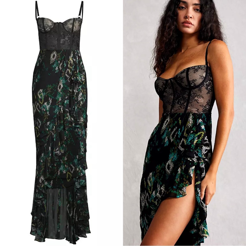 Katie May Senorita Ruffle Trim Tulip Skirt Corset Gown Size Small Black Teal